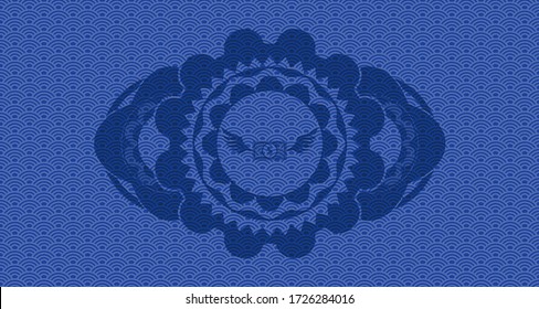 Money wings flying icon inside blue japan style pattern realistic emblem. Geometric fashionable background. Artistic illustration. 