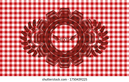 Money wings flying icon inside red checkered tablecloth badge. Restaurant fancy background. Vector illustration. 