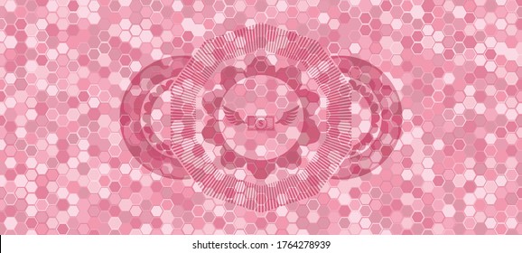 Money wings flying icon inside pink tile mosaic style pattern realistic badge. Geometric hexagon fancy background. Illustration. 