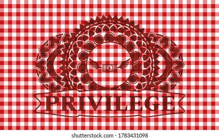 Money wings flying icon and Privilege text red checkered tablecloth realistic emblem. Restaurant classic background. Vector illustration. 
