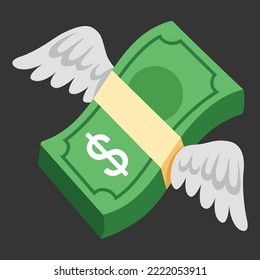 Money with Wings vector flat emoji icon design. Isolated banded stack dollar bills with Feather Wings, as if Flying sign symbol design. - Shutterstock ID 2222053911