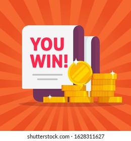 Money winner banner with you win text message vector illustration flat cartoon, concept or success prize or cash gift promotion coupon, surprize award modern design or jackpot