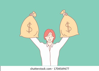 Money, winning, capital, investment, business concept. Young happy smiling businesswoman cartoon character girl clerk manager taking credit, holds two big money bags with dollar sign. Business success