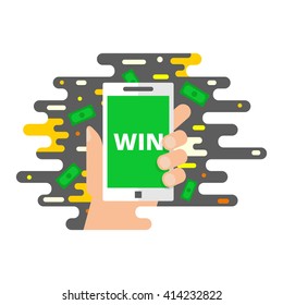 Money winning, lottery, internet advertising vector illustration of a hand holding smartphone