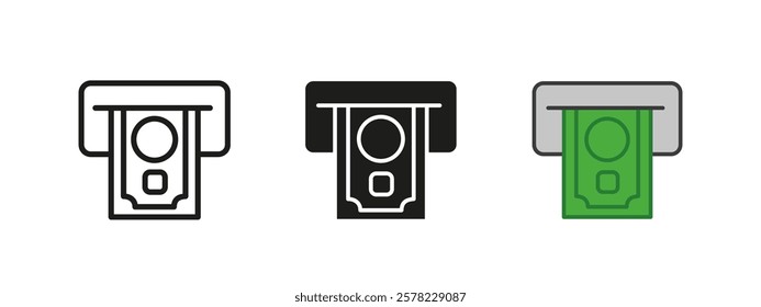 Money withdraw icon. Cash removing symbol. ATM withdrawal vector illustration. Payment and transaction sign. Banking deposit with financial machine and dollar bill pictogram. Money transfer concept.