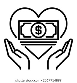 Money within a heart, representing charity, donations, and generosity round line vector icon with editable stroke 