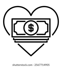 Money within a heart, representing charity, donations, and generosity round line vector icon with editable stroke 