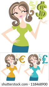 Money Woman Pretty Female With Dollar Currency Sign. Could Be A Successful Businesswoman, Banker, Blogger, Or Just A Very Rich Lady! Also Includes UK Pound Symbol, And European Euro Symbol