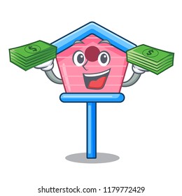 With money wooden bird house on a pole cartoon