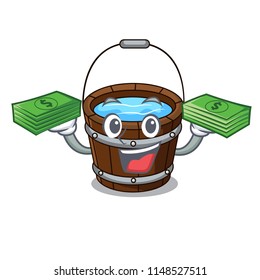 With money wooden bucket mascot cartoon