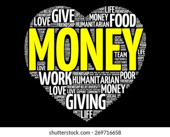 Money word cloud, heart concept