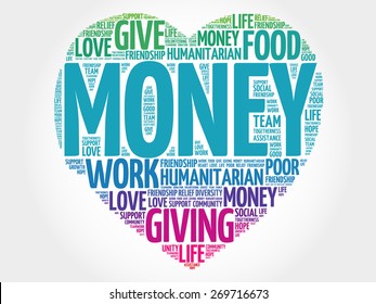 Money word cloud, heart concept