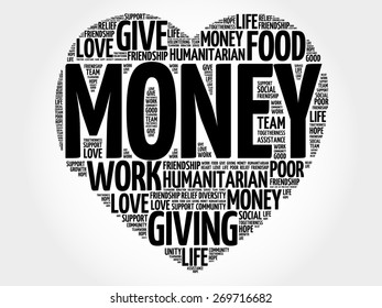 Money word cloud, heart concept