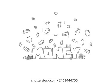 Palabra de dinero con muchas monedas. Doodle caída de monedas de oro - concepto de finanzas. Dinero del beneficio, ilustración del boceto del Vector