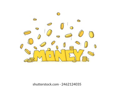 Palabra de dinero con muchas monedas. Doodle caída de monedas de oro - concepto de finanzas. Dinero del beneficio, ilustración del boceto del Vector