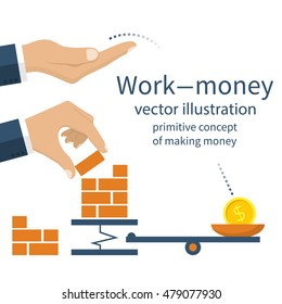 Money for the work. Primitive concept of making money. Vector illustration flat design.