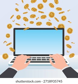 Dinero y dinero del trabajo del trabajo, manos que teclean en el ordenador portátil con el dinero de la moneda que cae alrededor