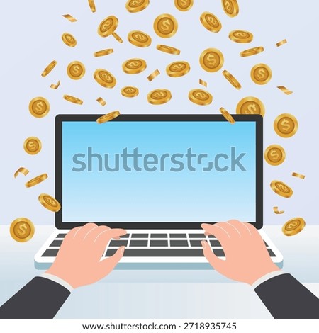 Money and work money from working, Hands typing on laptop with coin money falling around