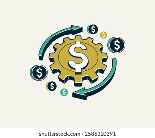 Money works concept vector icon, finances with gears mechanism, business and economic system.