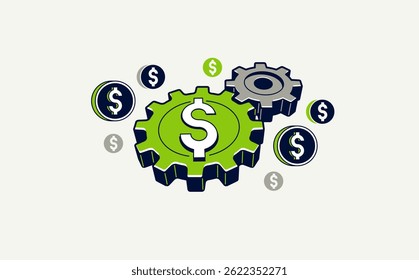 Money works concept vector icon, finances with gears mechanism, business and economic system.