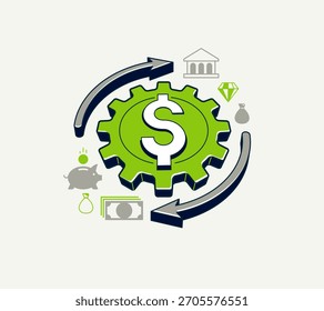El dinero trabaja el ícono del concepto de Vector, las finanzas con el mecanismo de engranajes, el sistema económico y empresarial.