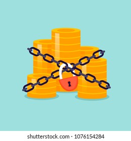 Money is wrapped in chains and locked. Flat design vector illustration.