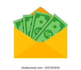 Money in yellow envelope. Sending money concept. Salary. Flat vector illustration