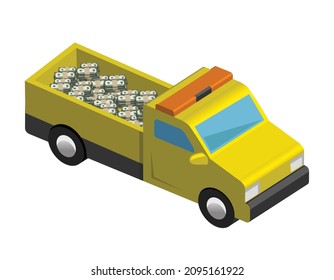 Money In Yellow Truck, 3d Like, Isometric, Vector Illustration