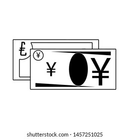 Money yen and euro cash billets isolated in black and white vector illustration