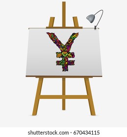 Money yen icon sign on easel. Hand drawn vector stock illustration.