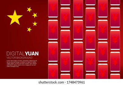  money yuan currency icon with row of mobile phone. Concept for digital yuan financial and banking.