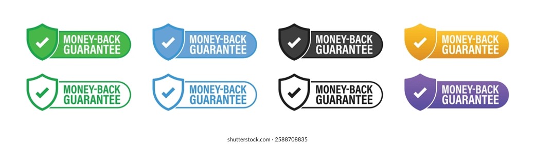 Money-Back Guarantee Label, Badge, Sticker, Stamp, Imprint, Seal Template with shield and tick mark on isolated white background suitable for product quality. Vector Illustration.