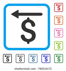 Moneyback icon. Flat gray iconic symbol inside a light blue rounded rectangular frame. Black, gray, green, blue, red, orange color versions of Moneyback vector. Designed for web and software UI.