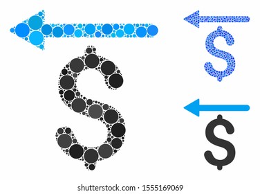 Moneyback mosaic of circle elements in various sizes and shades, based on moneyback icon. Vector circle elements are composed into blue collage. Dotted moneyback icon in usual and blue versions.