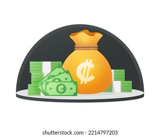 Moneybag And Banknote With Costa Rican Colon Sign Isolated On White. Cash Money Financial Item. Money Saving Flat Vector Illustration.