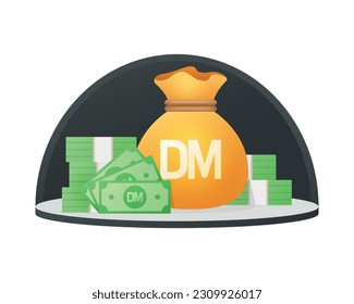 Moneybag and Banknote with 
Deutsche sign isolated on white. DEM  German mark currency symbol. Concept currency flat vector illustration. 