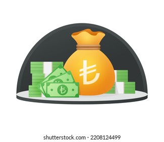 Moneybag And Banknote With Lira Sign Isolated On White. Cash Money Financial Item. Money Saving Flat Vector Illustration.