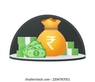 Moneybag And Banknote With Rupee Sign Isolated On White. Cash Money Financial Item. Money Saving Flat Vector Illustration.