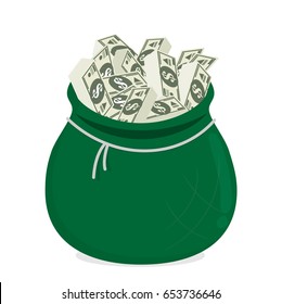 Moneybag with bills flat vector isolated on white background