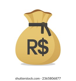 Moneybag with Brazilian Real sign. Cash, interest rate, business and financial item. Flat style vector finance symbol.
