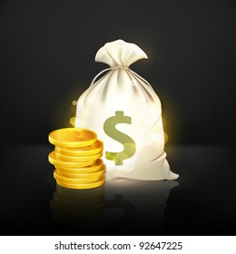 Moneybag and coin, black 10eps