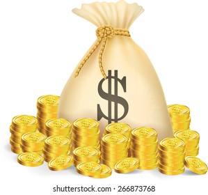 Moneybag with gold coins and dollar sign