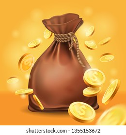 Moneybag and gold coins. Money 3d vector icon.Design element, clipart with sack , metal money.whirl,swirl coins.