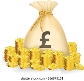 Moneybag with gold coins and pound sterling sign
