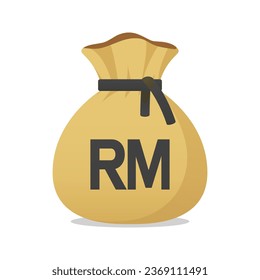 Moneybag with Malaysian Ringgit sign. Cash, interest rate, business and financial item. Flat style vector finance symbol.