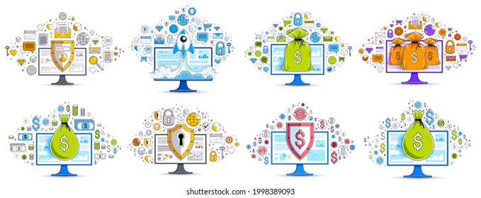 Moneybag with protection shield over computer PC monitor vector illustrations set with a lot of different signs and symbols, personal finance safety or savings concept collection.