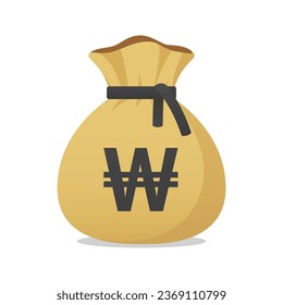 Moneybag with South Korean won sign. Cash, interest rate, business and financial item. Flat style vector finance symbol.