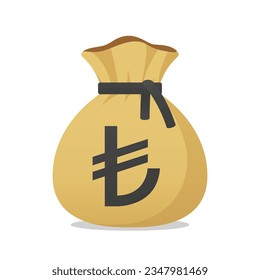 Moneybag with Turkish lira sign. Cash, interest rate, business and financial item. Flat style vector finance symbol.