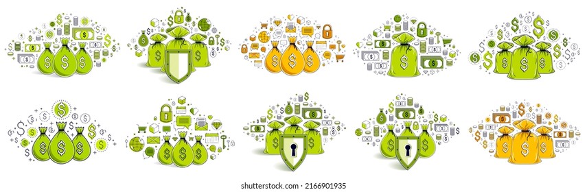 Moneybag vector illustrations set with a lot of different signs and symbols, personal finance or savings concept collection.