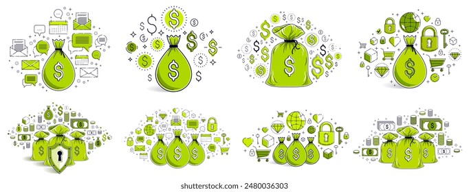 Moneybag vector illustrations set with a lot of different signs and symbols, personal finance or savings concept collection.